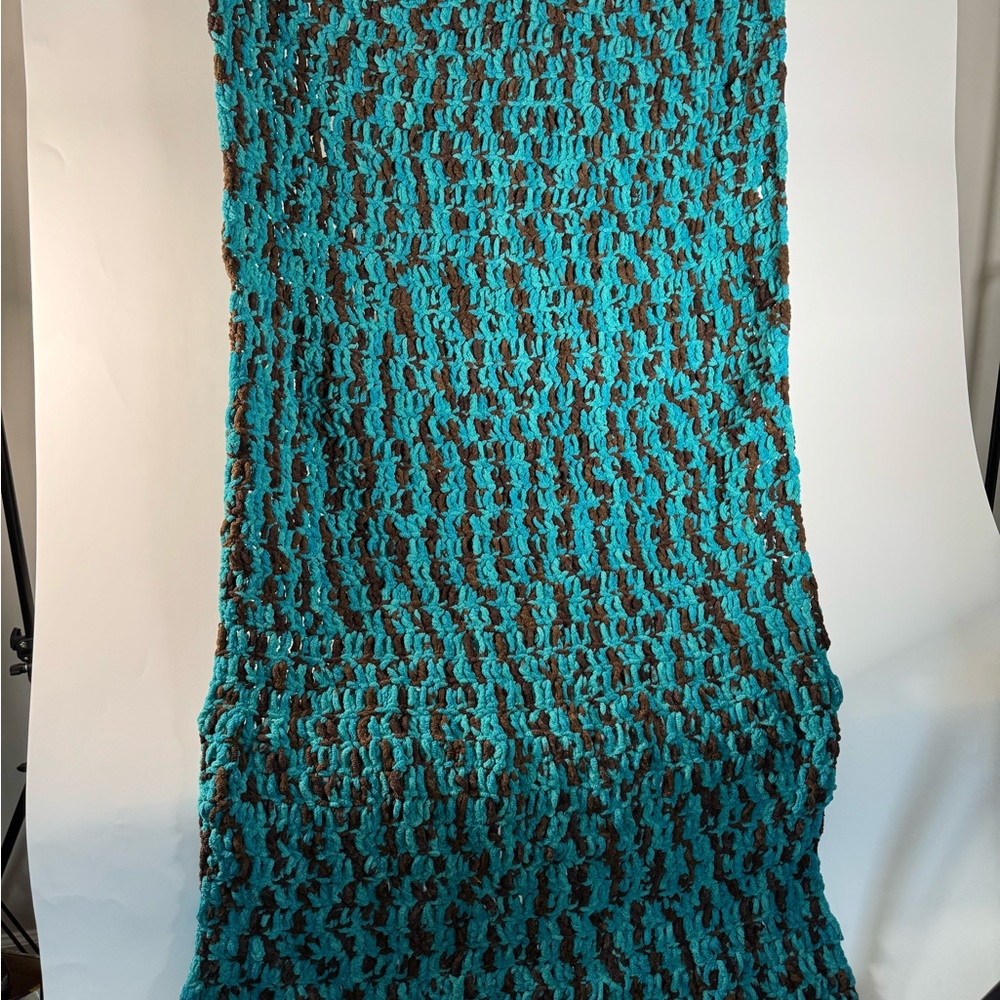 Cozy Turquoise and Brown Crocheted Lap Throw Blanket